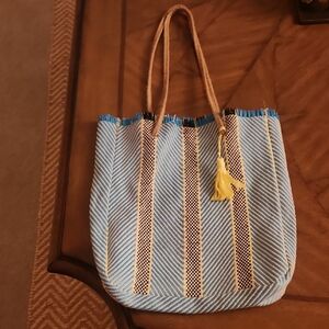 Light Blue Striped Woven Tote with Yellow Tassel